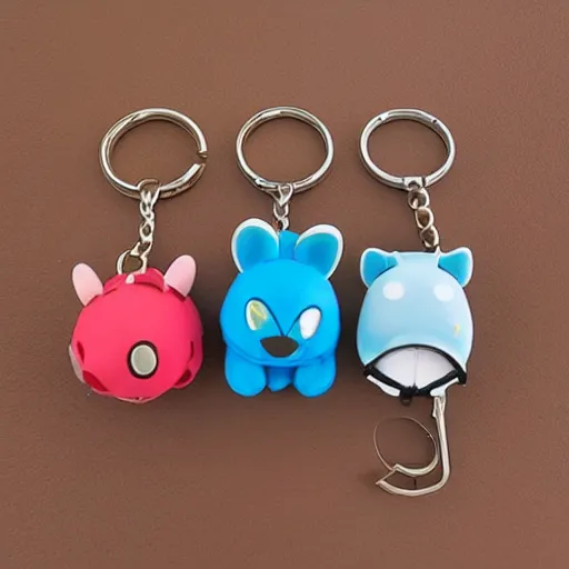 Image similar to some cute plastic toys that look like animal characters hanging from a backpack on a keychain, pastel colors