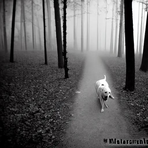 Image similar to yellow dog man infrared trailcam footage, liminal, black and white, foggy, creepypasta