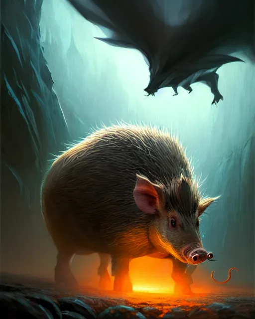 Image similar to Giant Hog scared of mouse, medium shot, fear, D&D, artstation, fantasy, magic the gathering artwork, cinematic lighting, centered, symmetrical, highly detailed, digital painting, , concept art, smooth, sharp focus, illustration, volumetric lighting, epic Composition, 8k, art by Akihiko Yoshida and Greg Rutkowski and Craig Mullins, oil painting, cgsociety