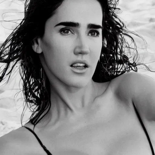 Image similar to Portrait Photography, medium closeup of young jennifer connelly poses in 2 Piece Mini Micro Push Up Swimsuits at summer beach, confident pose, fierce expression, intricate details, detailed face, detailed illustration, impressive lighting, symmetrical features, ultra detailed, 12 megapixels