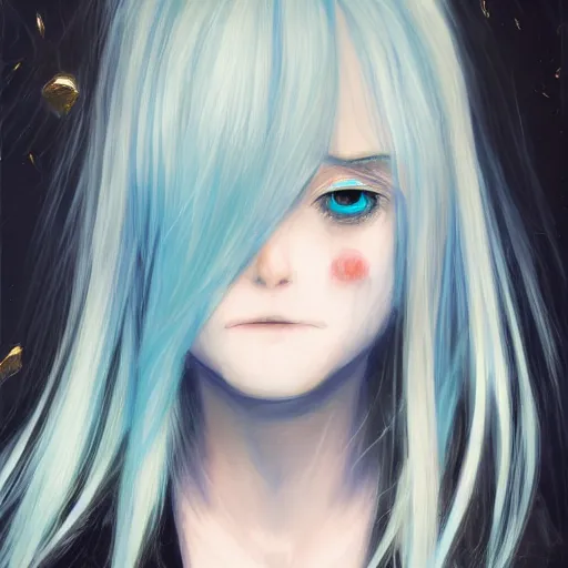 Prompt: full face shot of rimuru tempest, sky blue straight hair, long bangs, gold eyes, smug, wearing a fancy black jacket, high collar, ultra detailed, brush strokes, digital painting, cinematic, artstation wlop, closeup, pixiv, eerie, scary, haunted, spooky, yoshitaka amano, junji ito,