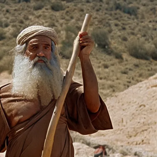 Image similar to Mediterranean man as Moses holding a wooden staff in a movie directed by Steven Spielberg, movie still frame, promotional image, imax 70 mm footage