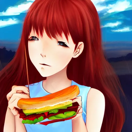 Image similar to a girl eating a sandwich, red hair, anime art, detailed, hd, smooth