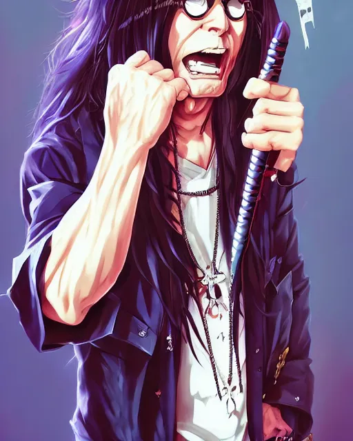 Image similar to anime portrait of Ozzy Osbourne as an anime man by Stanley Artgerm Lau, WLOP, Rossdraws, James Jean, Andrei Riabovitchev, Marc Simonetti, and Sakimichan, trending on artstation