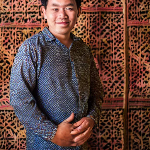 Image similar to A Photo Portrait of Joe Wearing Indonesian Batik Tulis at a fancy Balinese restaurant, award winning photography, sigma 85mm Lens F/1.4, blurred background, perfect faces