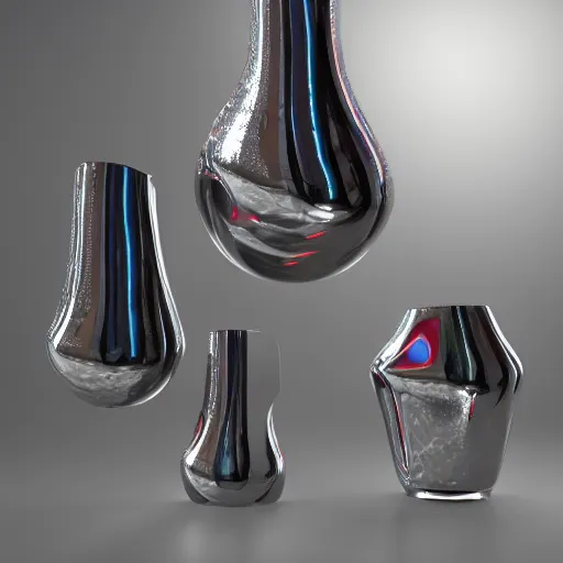 Image similar to chrome sculptures modeled after lava lamp shapes, photorealistic, 3d render, award winning render, unreal engine, octane render, studio lighting, 8k, hd