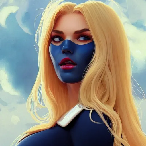 Image similar to a beautiful portrait of a beautiful cute superhero woman, blonde hair, matte navy - blue bodysuit, white cape, intricate, elegant, 8 k, highly detailed, digital painting, concept art, smooth, sharp focus, illustration, disney, anime, by artgerm and loish and wlop and alphonse mucha