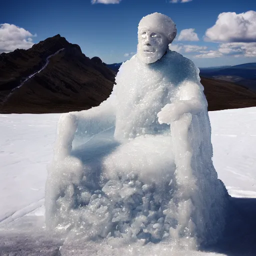 Prompt: an old man made of ice sitting on a throne on the top of a mountain, 8 k, high quality