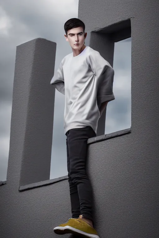 Image similar to un ultra high definition studio quality photographic art portrait of a young man standing on the rooftop of a british apartment building wearing soft padded silver pearlescent clothing. three point light. extremely detailed. golden ratio, ray tracing, volumetric light, shallow depth of field. set dressed.