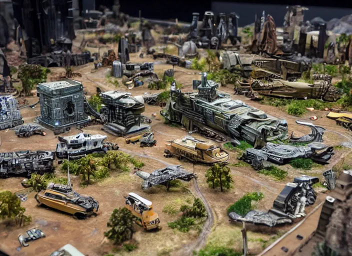 Prompt: a photo of a grand scale diorama with sci - fi vehicles and buildings and characters, macro photography