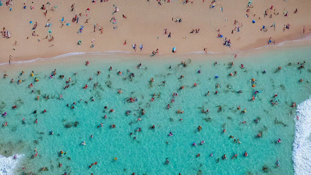 Prompt: photograph beachscapes satellite view imagery, Aerial view of beautiful sandy beach with hundreds of umbrellas and sea, Aerial of a crowded sandy beach with colourful 1970s umbrellas sun bathers and swimmers during summer, golden sand and clear blue sea, by Tommy Clarke and Joshua Jensen-Nagle