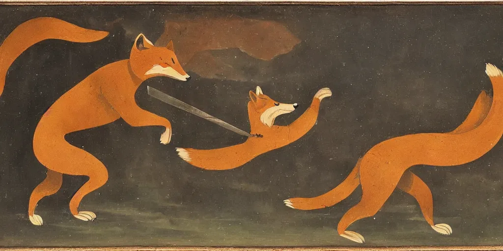 Image similar to anthropomorphic fox fighting a mechanical monster, 1 9 th century painting