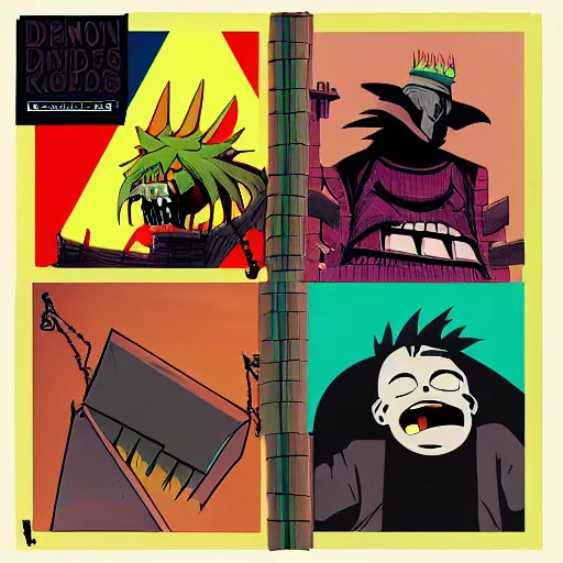 Prompt: Demon Days album art featuring Dark Souls knights, Gorillaz, Jamie Hewlett