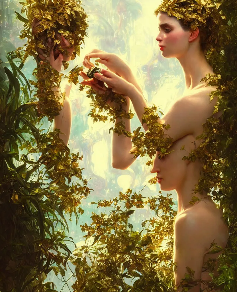 Image similar to hyper realistic photographer looking through a vintage medium format camera, magic pouring from lens, full body pose, design on white background, beautiful details, lush foliage cyberpunk, gold, drawn by john singer sargent, tom bagshaw, norman rockwell, alphonso mucha, lolish, trending on artstation