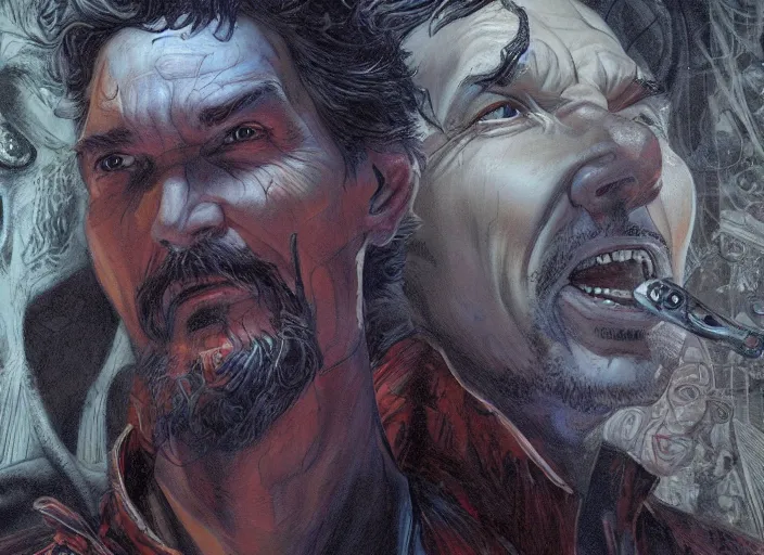 Prompt: a highly detailed terrifying portrait of stephen strange, james gurney, james jean