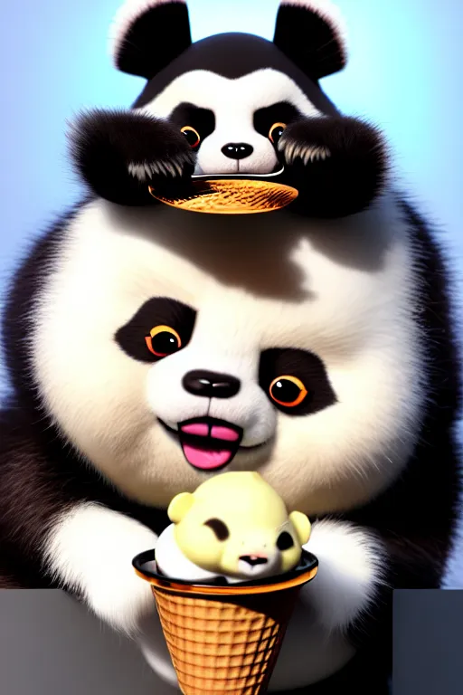 Image similar to high quality 3 d render hyperrealist very cute gothic grumpy panda & dragon hybrid eating ice cream, vray smooth, in the style of detective pikachu, very dramatic light, low angle, uhd 8 k, shallow depth or field