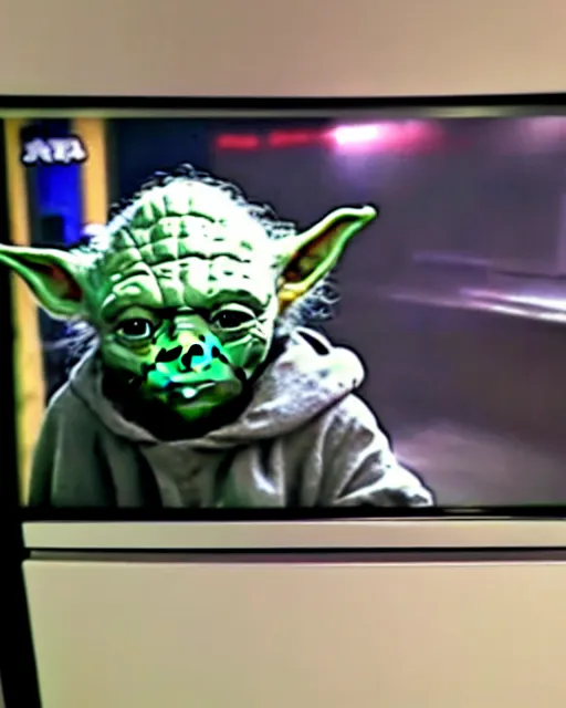 Image similar to Security cam footage of Yoda stealing a TV
