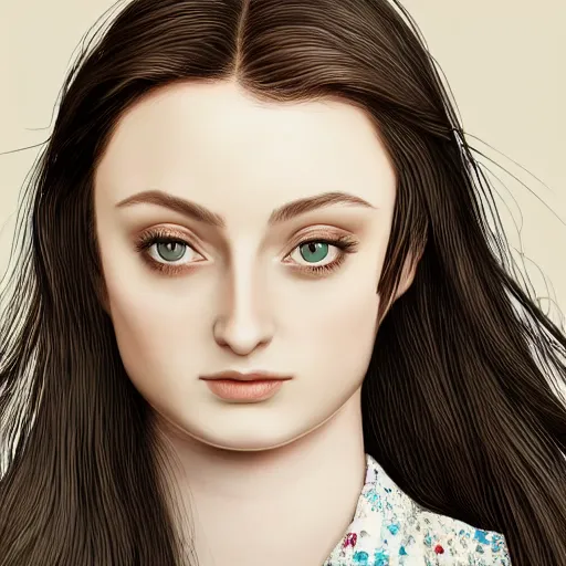 Prompt: studio close - up portrait of long dark hair amiable excited real 1 7 yo rose floral sophie turner, beautiful as youtube thumbnail, smooth elegant, ultrafine hyperrealistic detailed face illustration by kim jung gi, irakli nadar, intricate linework, sharp focus, bright colors, matte, octopath traveler, final fantasy, unreal engine highly rendered