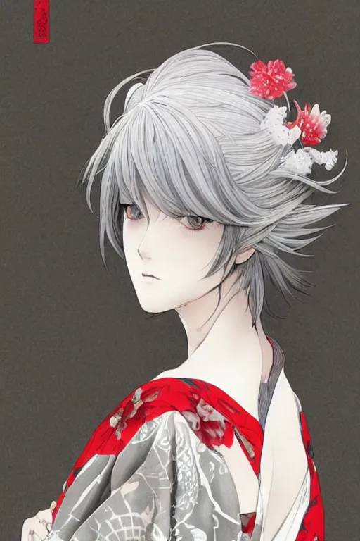 Prompt: beautiful girl, silver hair, white kimono with complex red flower patterns, full body, looking to camera, showing her shoulder from back, ilustration by (Takehiko Inoue) ((and Krenz Cushart))