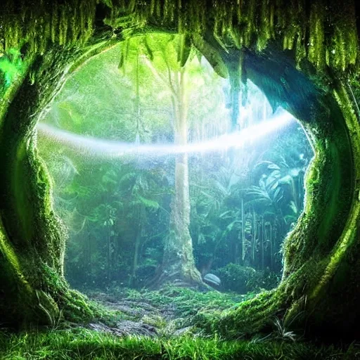 Prompt: stargate portal full of water bursting to another dimension inside a beautiful tree in a densely overgrown jungle, fantasy, dreamlike sunrise volumetric lighting, ultra realistic, atmospheric, stopped in time, epic