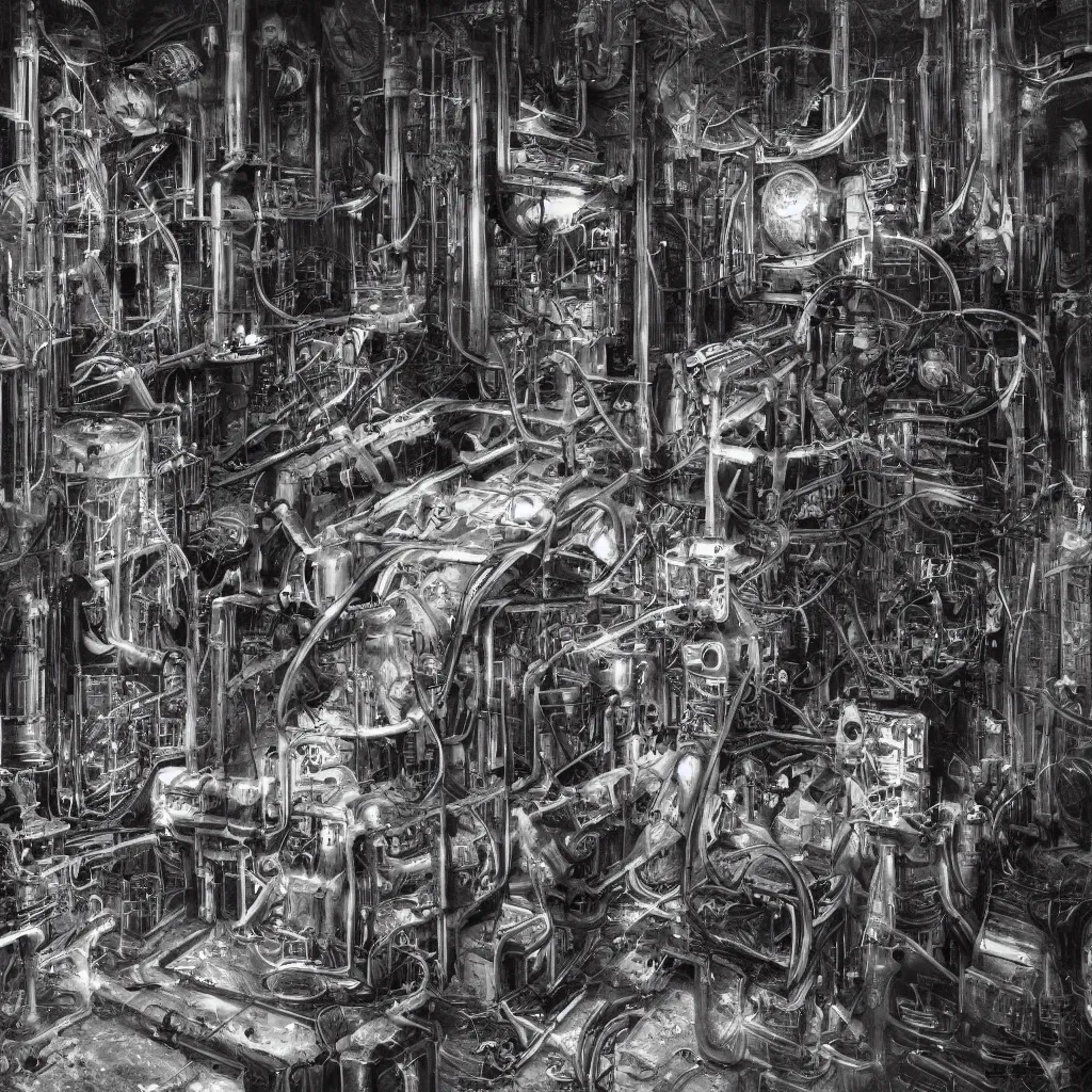 Image similar to abandoned research facility - first - generation vacuum - tube computers - technological relics of early 2 0 th century - enigma - high resolution - dark atmosphere - retrofuturistic - detailed artwork - by hans giger