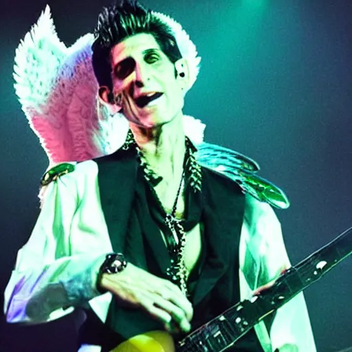 Prompt: perry farrell singing live on stage, dressed as an angel, photographic quality, live concert photo