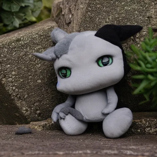 Image similar to cute fumo chibi plush imp, black and white with hearts, mossy concrete, soft shadow, vray