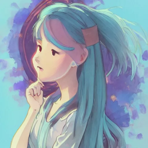 Image similar to a wholesome animation key shot of a blue haired girl with a raccoon tail, studio ghibli, pixar and disney animation, sharp, disney concept art watercolor illustration by mandy jurgens and alphonse mucha and alena aenami, pastel color palette, dramatic lighting