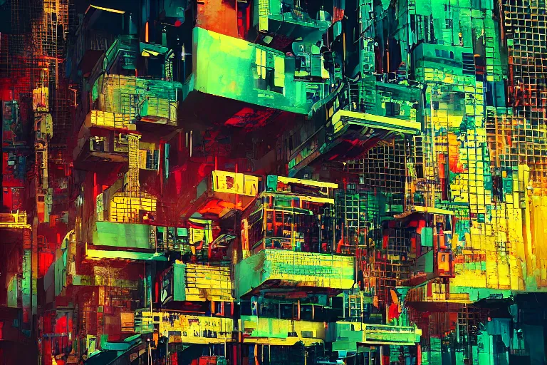 Image similar to fragmented architecture collage by atelier olschinsky and Ernst Haas, cyberpunk, (high contrast), ((oversaturated)), grafitti paint, bokeh, dof, unreal engine