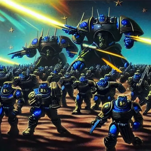 Image similar to Astartes are fighting against space orcs, huge armies, epic battle, a bunch of explosions, bullet tracers, Astartes are very well detailed, orcs are very well detailed, Photo style retro futurism art