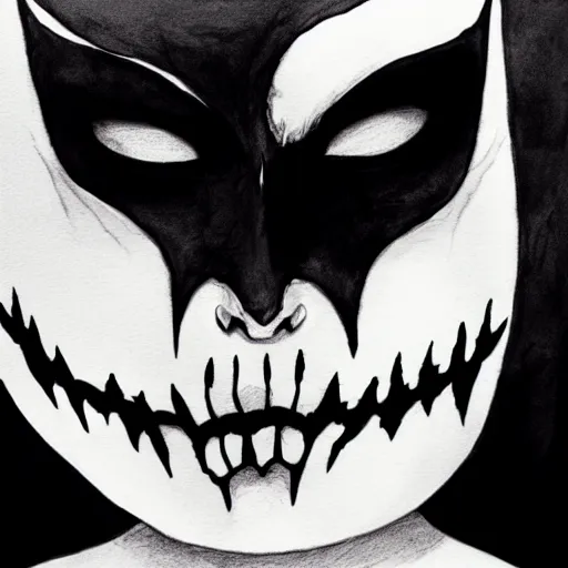 Image similar to an ink drawing of cracked white mask, scary smile, deviant art, artgerm