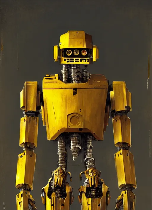 Image similar to human-sized strong intricate yellow pit droid, pancake flat head, exposed metal bones, painterly humanoid mecha, full body, sharp focus, by Greg Rutkowski