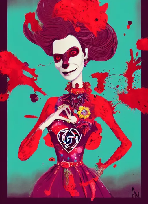 Image similar to beautiful lady half necromancer, made of red gucci fabric, pixiv fanbox, dramatic lighting, maximalist pastel color palette, splatter paint, pixar and disney exploded - view drawing, graphic novel by fiona staples and dustin nguyen, peter elson, alan bean, wangechi mutu, clean cel shaded vector art, trending on artstation