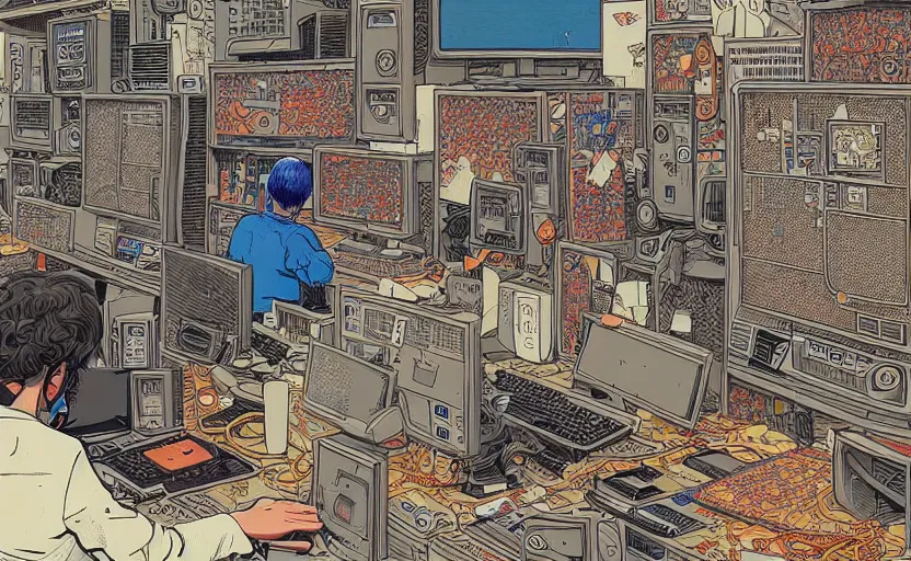 Prompt: hyper-detailed, intricate, illustration of a computer lab scientist discovering AI sentience, cyberpunk, in the style of Geof Darrow