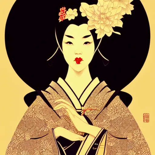 Image similar to silhouette of a geisha, vector art style, medium shot, intricate, elegant, highly detailed, digital art, ffffound, art by jc leyendecker and sachin teng