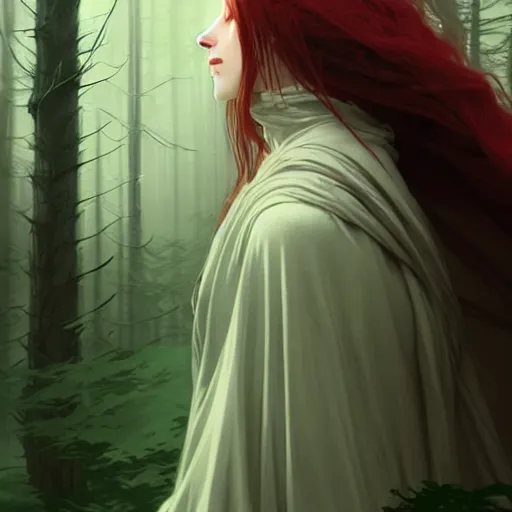 Prompt: wide angle, cloaked woman, white green brown blue color palette, eyes closed, forest, female, d & d, fantasy, intricate, elegant, highly detailed, long red hair, digital painting, artstation, octane render, concept art, matte, sharp focus, illustration, hearthstone, art by artgerm, alphonse mucha johannes voss