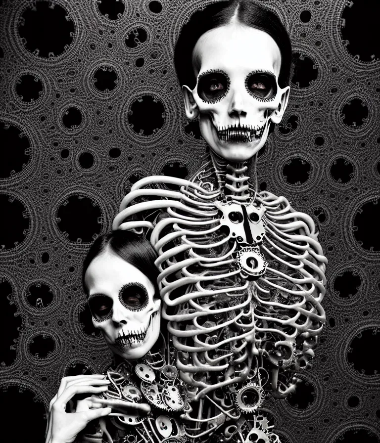 Image similar to surreal black and white photo portrait of complex bio-mechanical beautiful young female undead skeletal cyborg with a Mandelbrot fractal steampunk metal fine lace face, retrofuturistic depressing hopeless horrific vibe, radiating dark energy aura, curled silver hair and a fine metal floral foliage super big lace collar by Alexander McQueen:: high fashion, haute couture, rococo, steampunk, silver filigree details, anatomical, facial muscles, cable wires, microchip, elegant, hyper realistic, 150 mm lens, soft rim light, octane render, unreal engine, volumetric lighting, 8k,