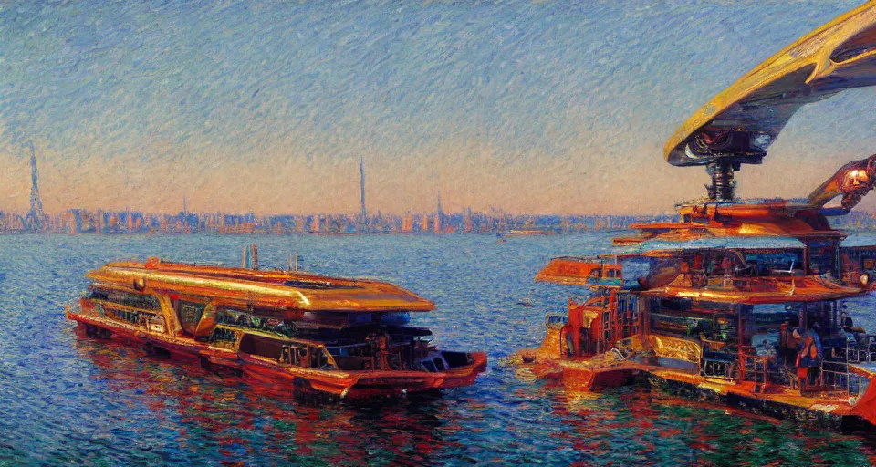 Image similar to detailed close - up of a side view full shot of a energypunk futuristic neon robotic cyberpunk steamboat in the senna river, people waving, impressionism, oil on canvas, natural colors, horizon, golden hour, masterpiece, detailed, by gustave caillebotte, wlop, mucha, greg rutkowski