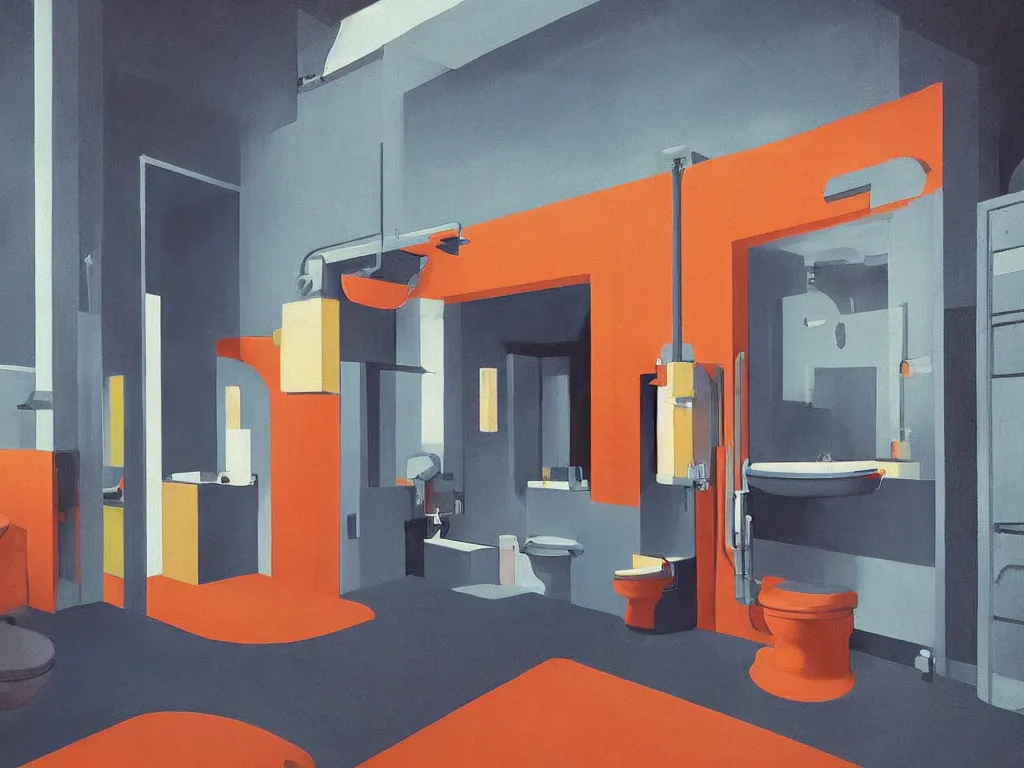 Image similar to colorful minimalist industrial interior toilet with monolithic stalls in the style of ridley scott and stanley kubrick, impossible stijl architecture, science fiction, cyberpunk, ultra wide angle view, cinematic lighting, realistic detailed painting by edward hopper