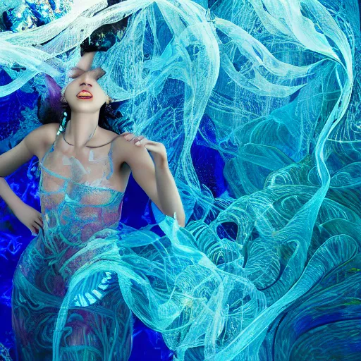 Image similar to woman dancing underwater wearing a flowing dress made of many translucent layers of blue, magenta, and yellow lace seaweed, delicate coral sea bottom, swirling silver fish, swirling smoke shapes, unreal engine, caustics lighting from above, cinematic, hyperdetailed