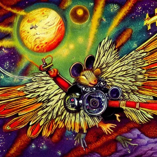 Prompt: a mouse wearing steampunk wings flying through Jupiter, fantasy illustration, Louis William Wain