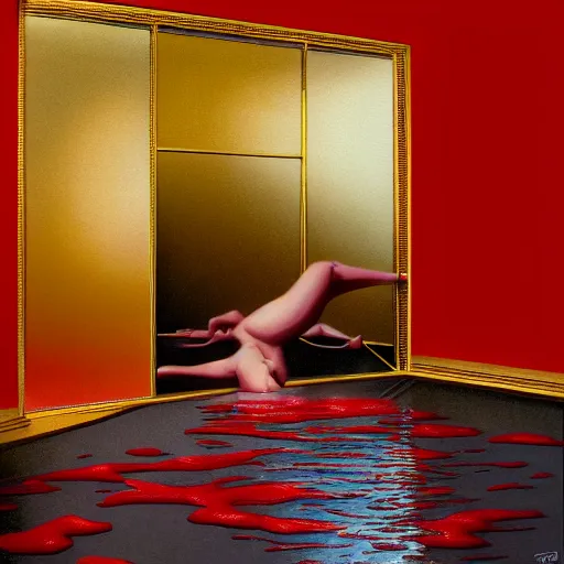 Prompt: Kiko Mazuhara full body laying in a blood red pool of water between a golden mirror frame, outside is space and inside the mirror frame is a beautiful landscape. Hyperrealistic surreal 4K IMAX Rene Margritte intricate, elegant, highly detailed, digital painting, artstation, concept art, smooth, sharp focus, illustration, art by artgerm and greg rutkowski and alphonse mucha