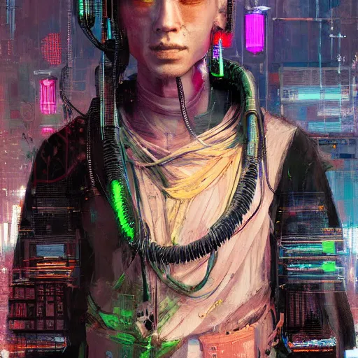 Image similar to highly detailed portrait of a cyberpunk hacker dressed as a buddhist monk in a futuristic buddhist temple by wadim kashin, dark colors, high contrast