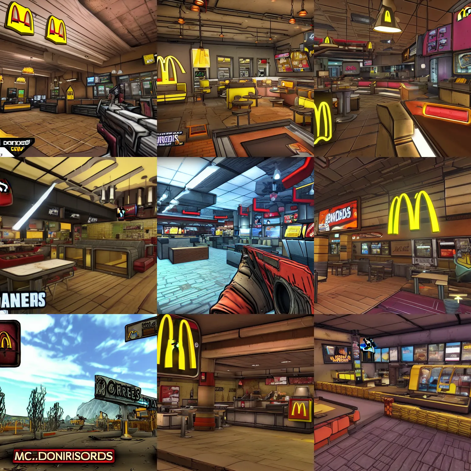 Prompt: borderlands screenshot of the inside of mc donalds