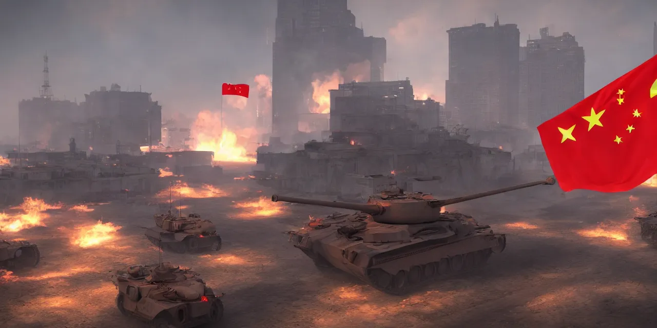 Prompt: tanks burning city, army, china, communist flag, volumetric lighting, unreal engine, realistic