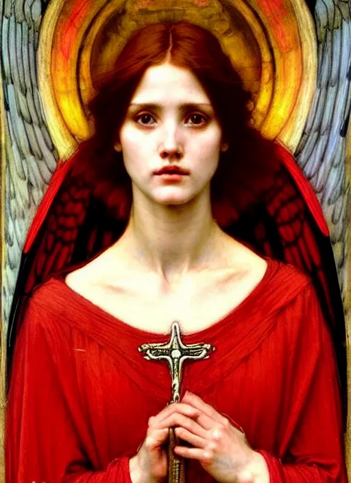 Prompt: portrait of beautiful female archangel in red robes, preraphaelite painting by john william waterhouse, trending on art station. highly detailed, symmetrical face.
