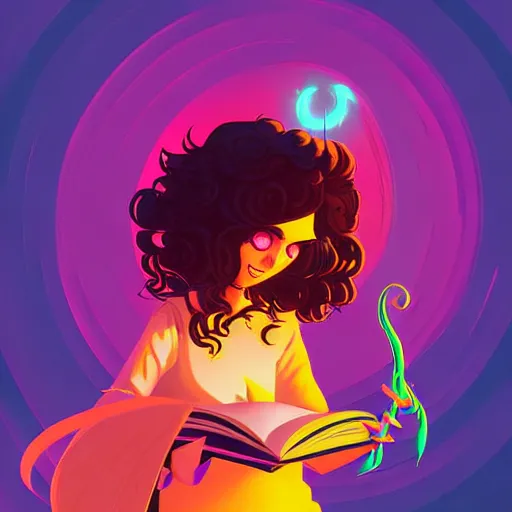 Prompt: curled perspective digital art of curly brown hair irish italian teenage girl with spellbook and wand by anton fadeev from nightmare before christmas