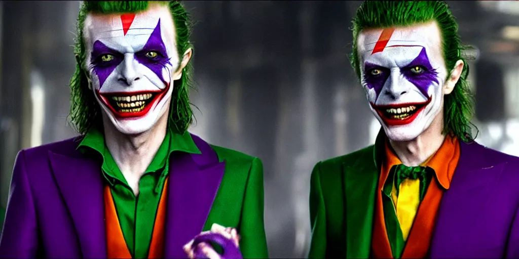 Prompt: A smiling David Bowie as the Joker in Batman, 4k