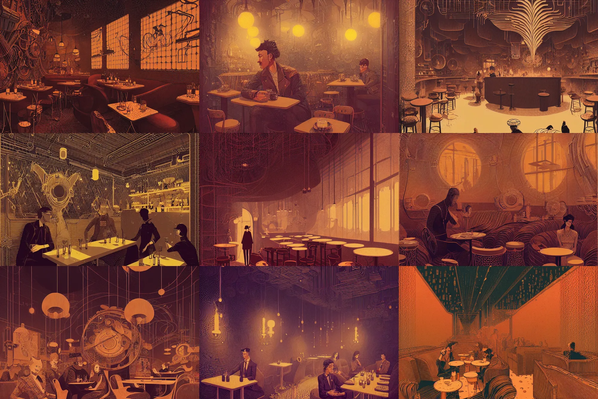 Prompt: finely stippled illustrated portrait interior steampunk cafe, modern art deco, natural colors, mads berg, christopher balaskas, victo ngai, rich texture, detailed, dynamic composition, wide angle