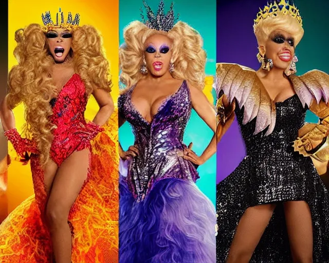 Prompt: The competition is getting fierce and fearsome on RuPaul's Dragon Race. Will these distressing damsels slay or be slain to be crowned America's next drag superstar? Coming up next, find out which queen has been hoarding all the sequins, and one queen will reveal a dark and scaly past. Stay tuned for more RuPaul's Dragon Race. Gentlemen start your engines, and may the best reptilian win!